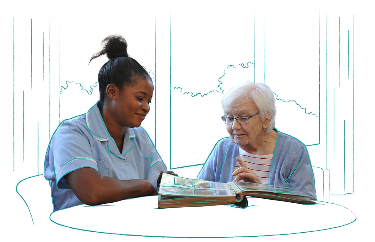 Carer and resident reading at New Day Nursing Home in Acocks Green